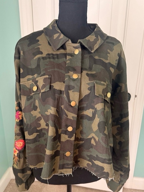 Savanna Jane Jackets & Blazers - Savanna Jane Olive & Brown Camo Utility Jacket with Floral Sleeve